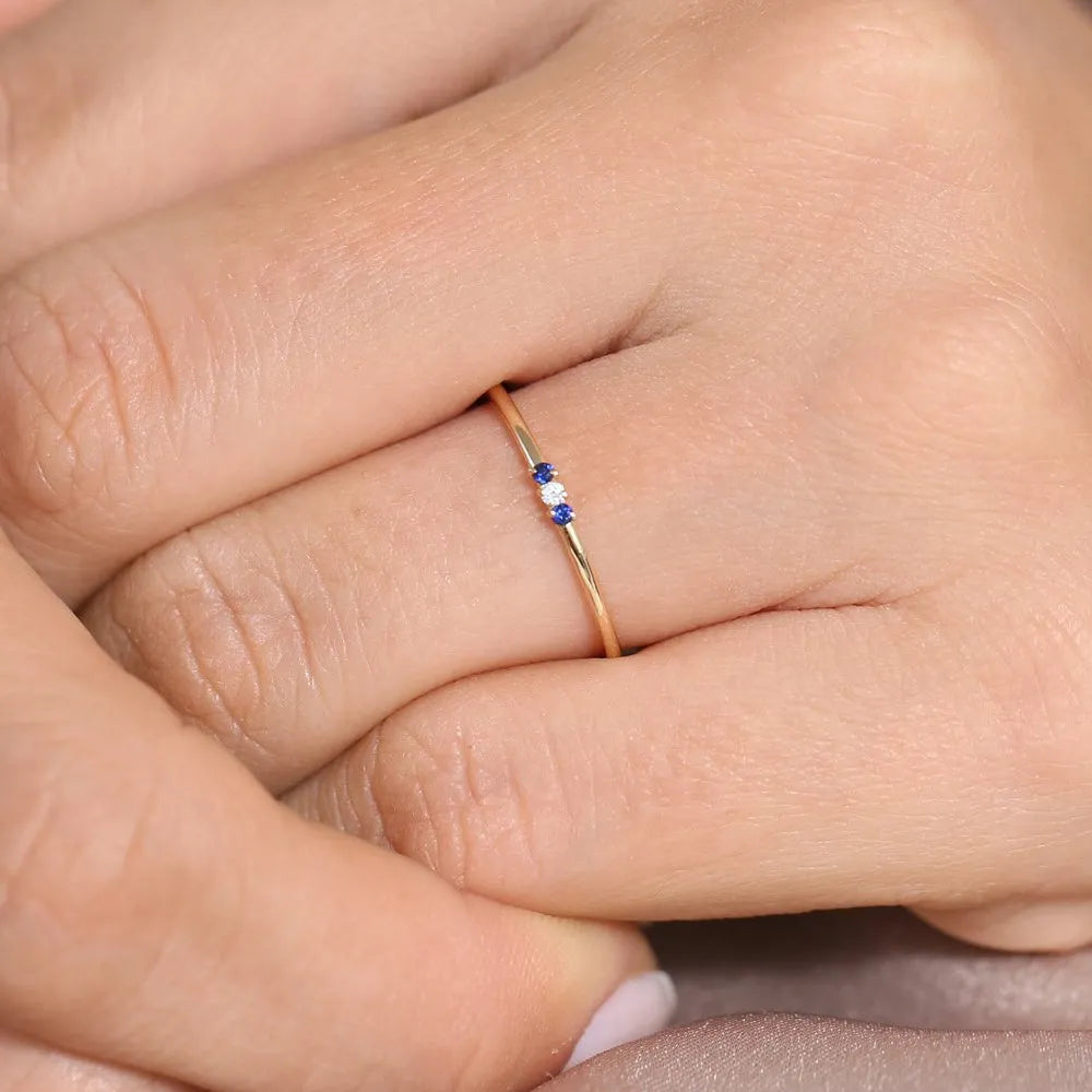 14k Gold Sapphire and Diamond Round Cut Minimal Three Stone Ring 0.06 ctw