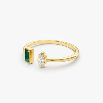 14K Solid Gold Emerald Cut Emerald and Marquise Diamond Cuff Ring 0.23 CTW Handcrafted Jewelry