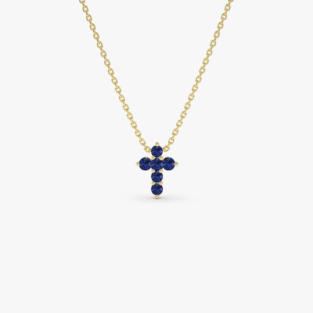 14k Solid Gold Round Sapphire Tiny Cross Pendant Necklace 0.20 Carat Prong Setting