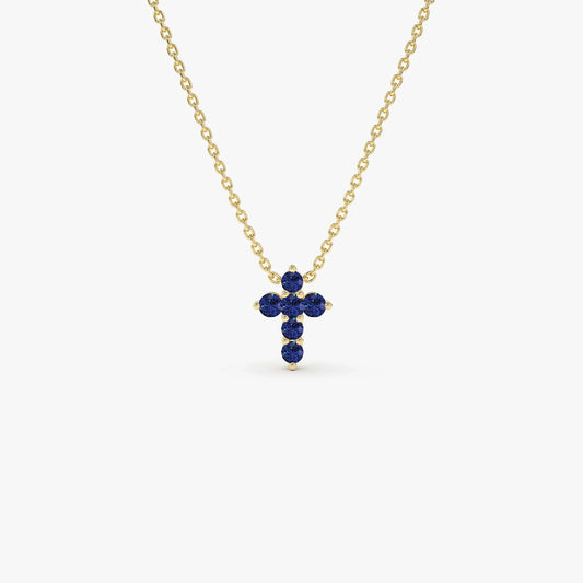 14k Solid Gold Round Sapphire Tiny Cross Pendant Necklace 0.20 Carat Prong Setting