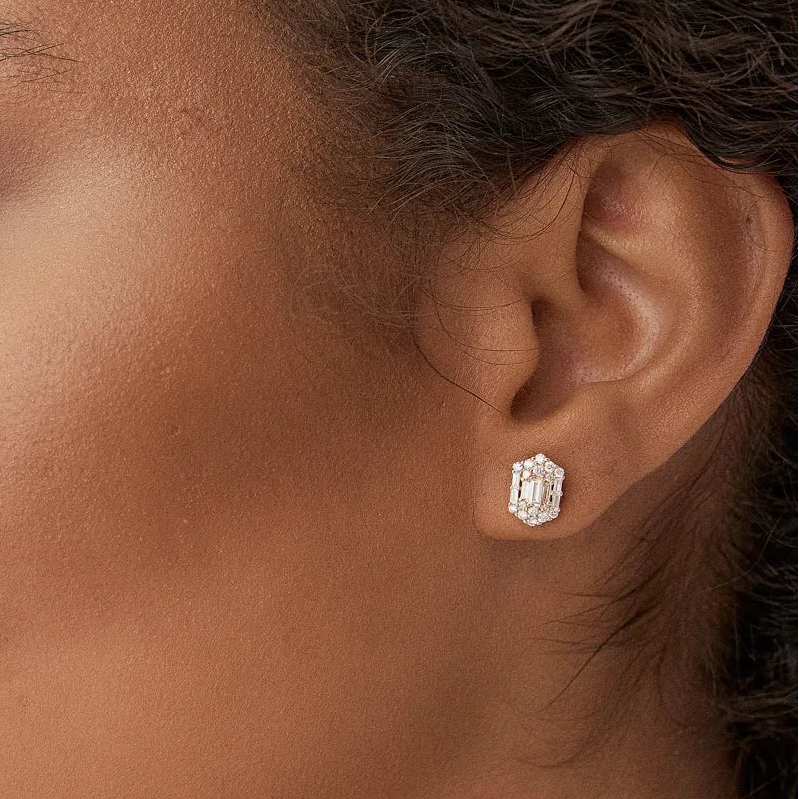 14k Gold Diamond Baguette and Round Cut Hexagon Stud Earrings Prong Setting 0.80 ctw