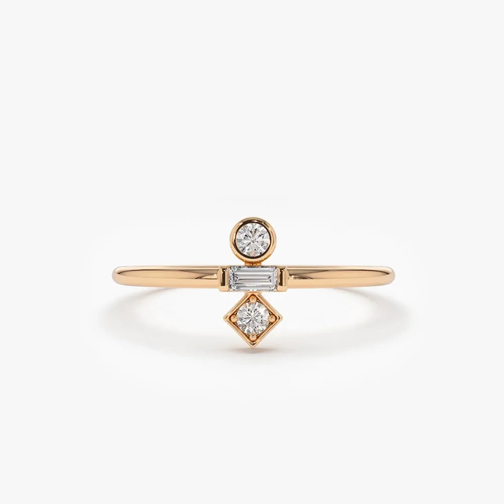 14K Solid Gold Baguette and Round Cut Diamond Trio Ring 0.13 CTW Channel and Bezel Setting