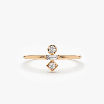 14K Solid Gold Baguette and Round Cut Diamond Trio Ring 0.13 CTW Channel and Bezel Setting