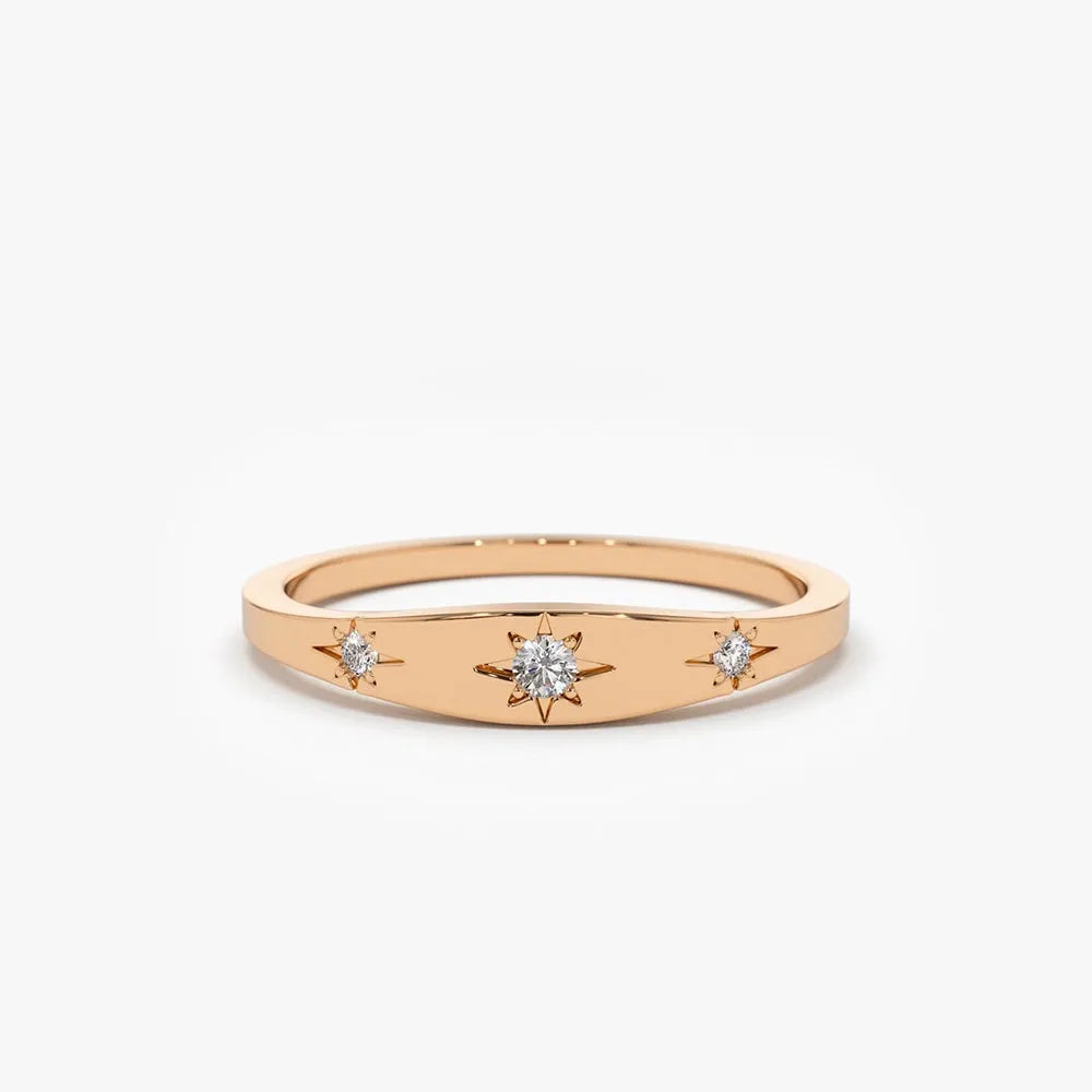 14K Solid Gold Round Diamond 3 Stone Star Setting Stacking Ring 0.06 CTW