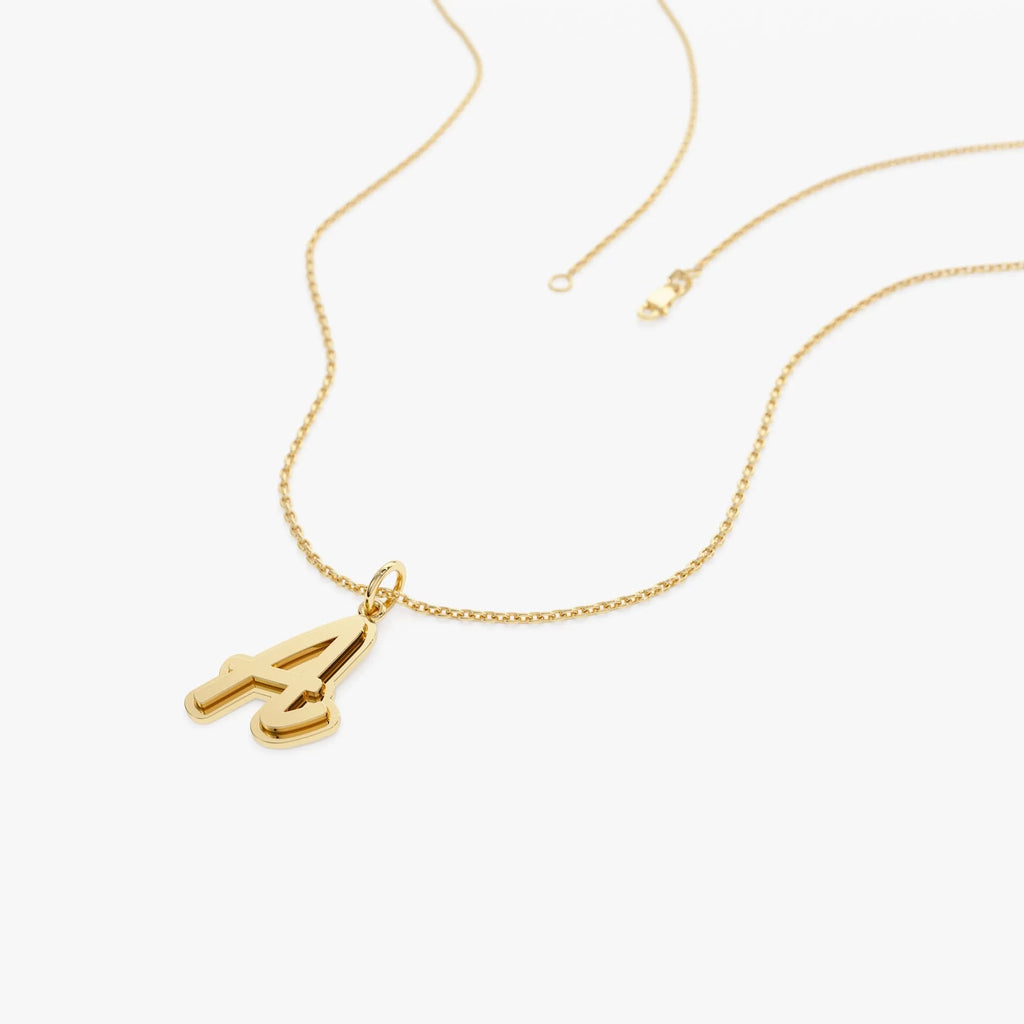 14k Solid Gold 3D Layered Script Font Initial Pendant Necklace
