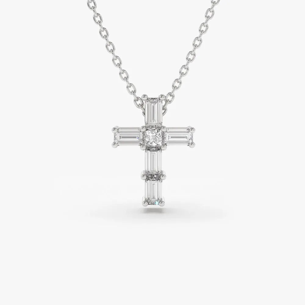 14K Solid Gold Baguette and Princess Cut Diamond Cross Pendant Necklace 0.15ctw