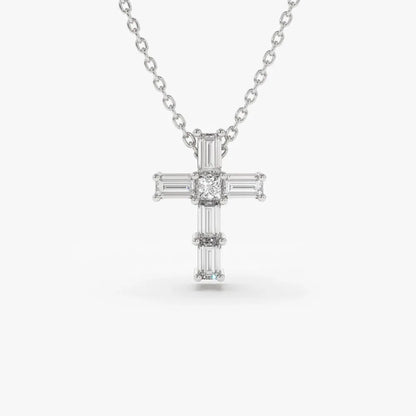 14K Solid Gold Baguette and Princess Cut Diamond Cross Pendant Necklace 0.15ctw