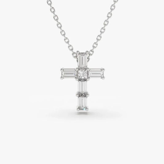14K Solid Gold Baguette and Princess Cut Diamond Cross Pendant Necklace 0.15ctw