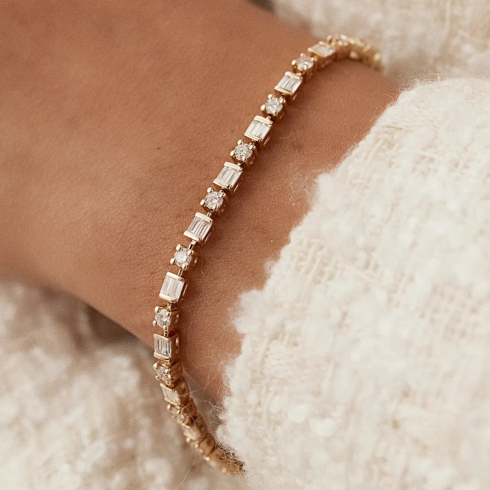 14K Solid Gold 2.40 CTW Baguette and Round Diamond Tennis Bracelet