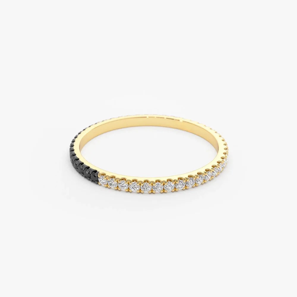 14k Solid Gold Round Black and White Diamond Micro Pave Eternity Band