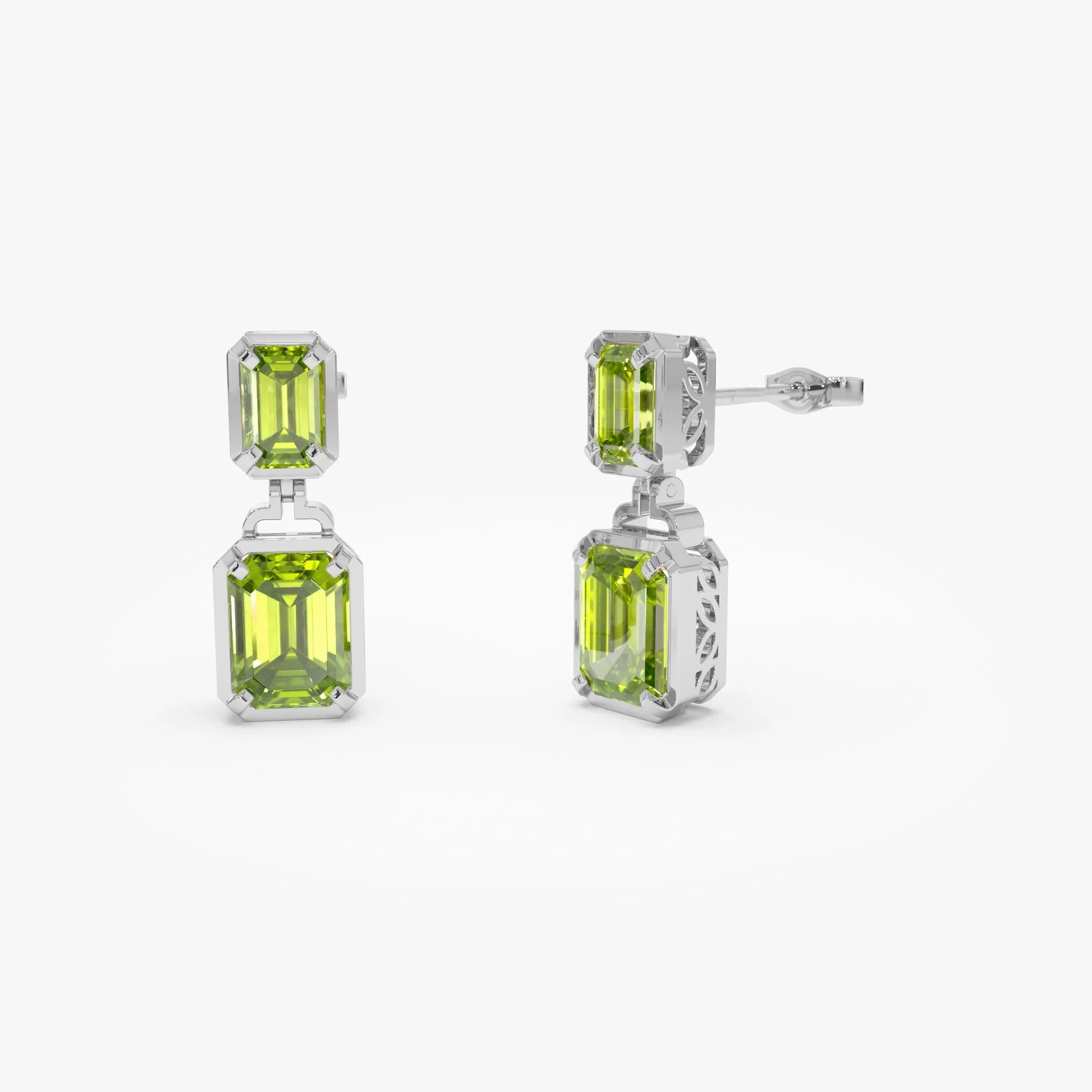 14K Solid Gold Octagon Cut Peridot Dangle Drop Earrings 4.50ctw