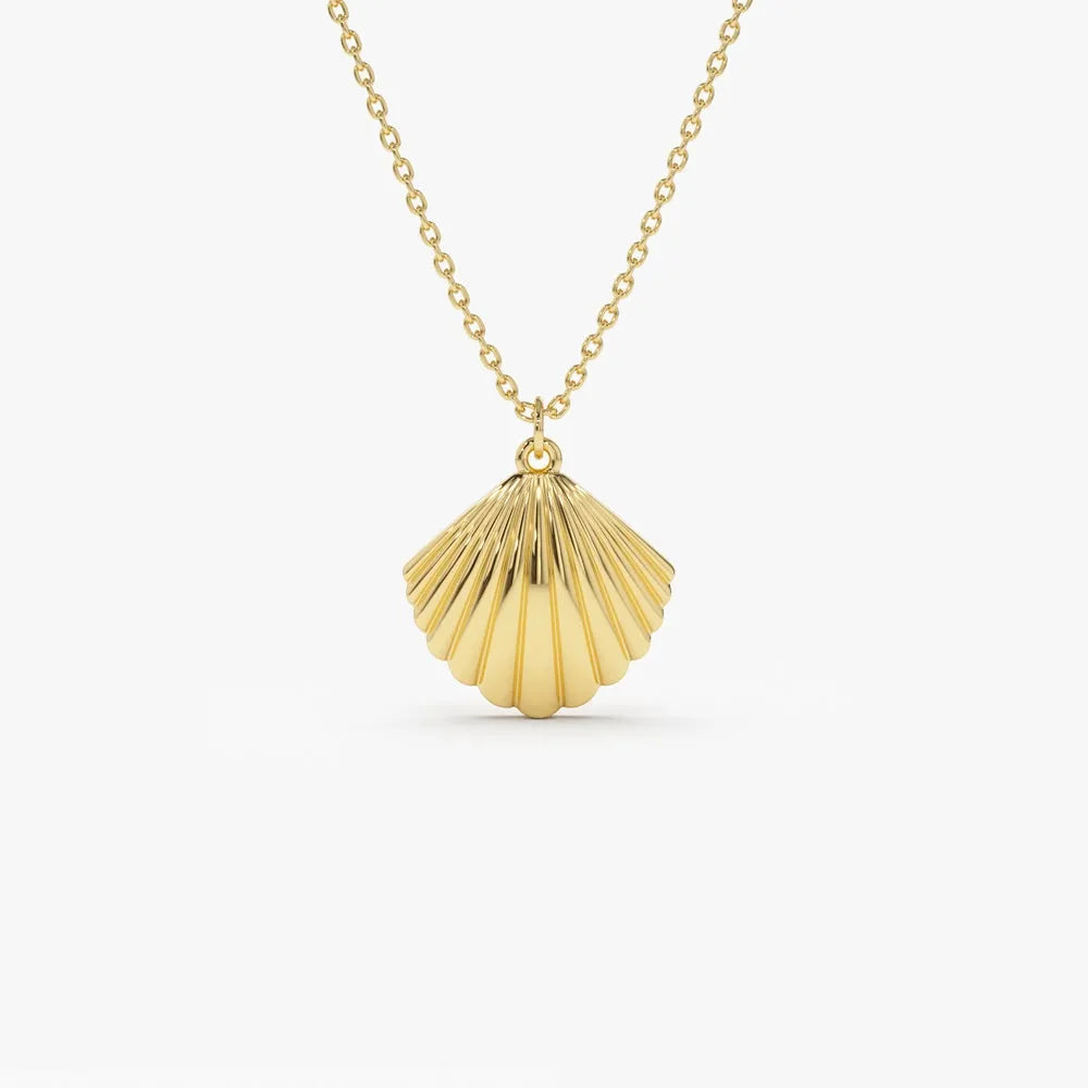 14k Solid Gold Shell Charm Pendant Necklace Coastal Beach Inspired