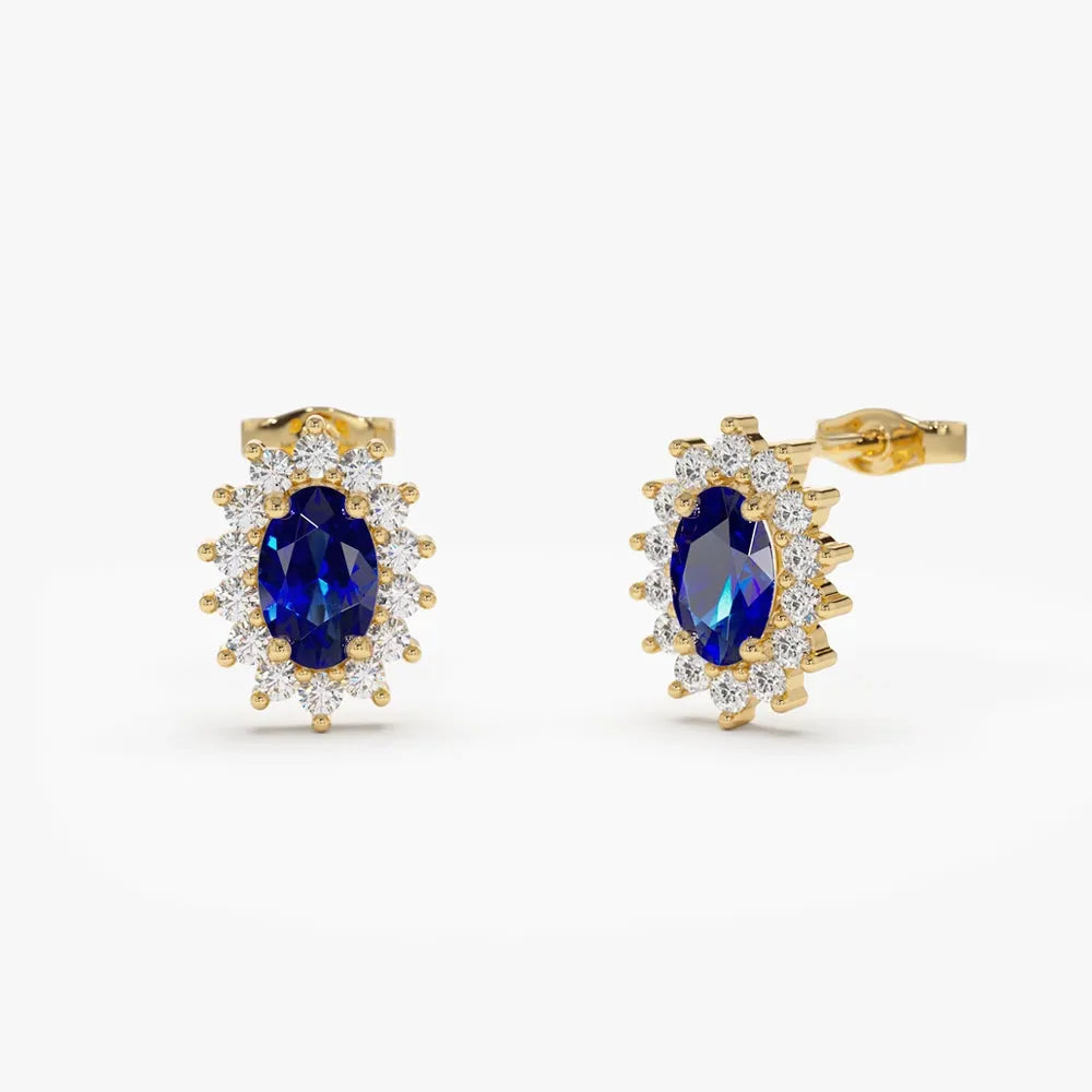 14k Solid Gold Oval Blue Sapphire and Round Diamond Earrings 0.82 ctw