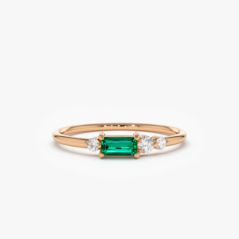 14K Solid Gold Baguette Emerald and Round Diamond Ring 0.23 CTW Handcrafted Jewelry