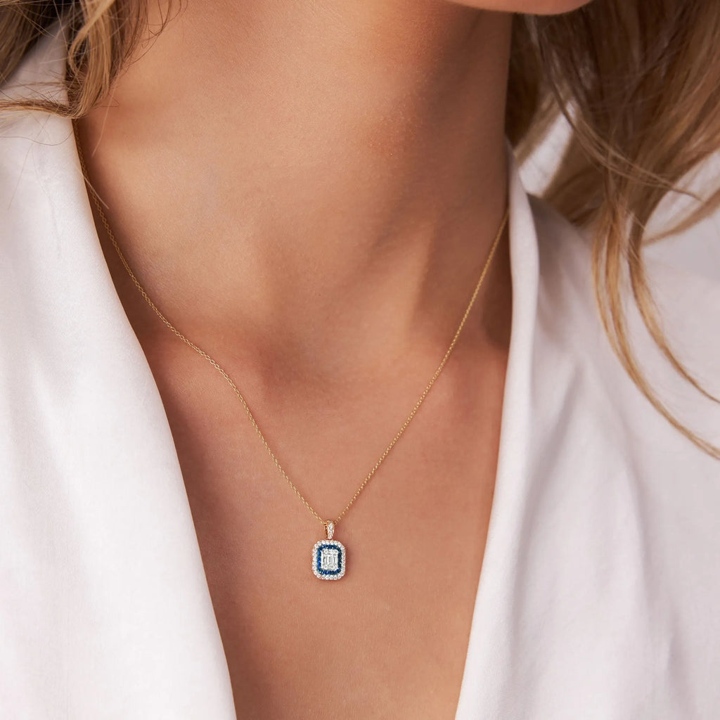 14k Solid Gold Sapphire and Diamond Round Baguette Halo Necklace 0.50 Carat
