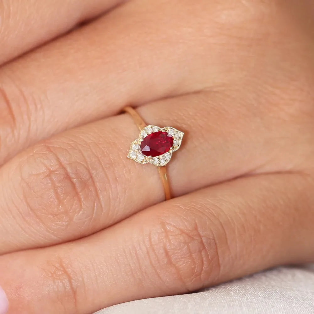 14k Gold Ruby and Diamond Oval Round Cut Victorian Ring Prong Micro Pave 0.58 ctw