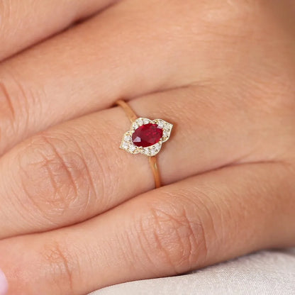 14k Gold Ruby and Diamond Oval Round Cut Victorian Ring Prong Micro Pave 0.58 ctw