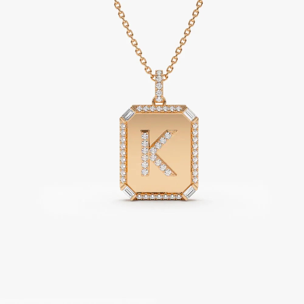 14K Solid Gold Baguette and Round Diamond Tag Initial Pendant Necklace 0.38ctw