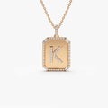 14K Solid Gold Baguette and Round Diamond Tag Initial Pendant Necklace 0.38ctw