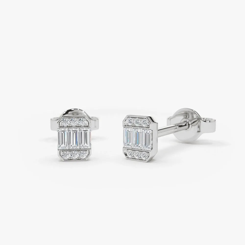 14k Gold Diamond Baguette and Round Cut Mini Stud Earrings 0.10 ctw