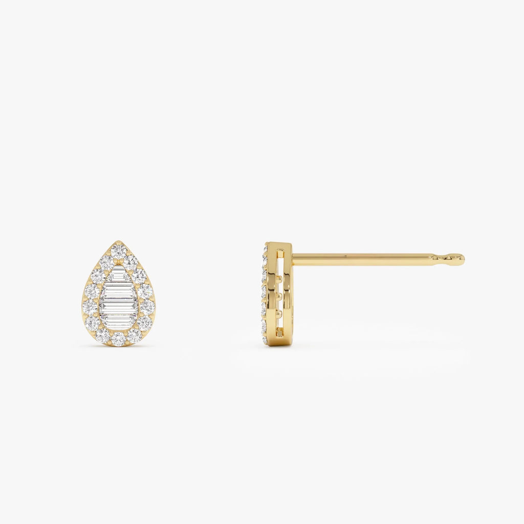 14k Gold Diamond Baguette and Round Cut Pear Stud Earrings 0.35 ctw