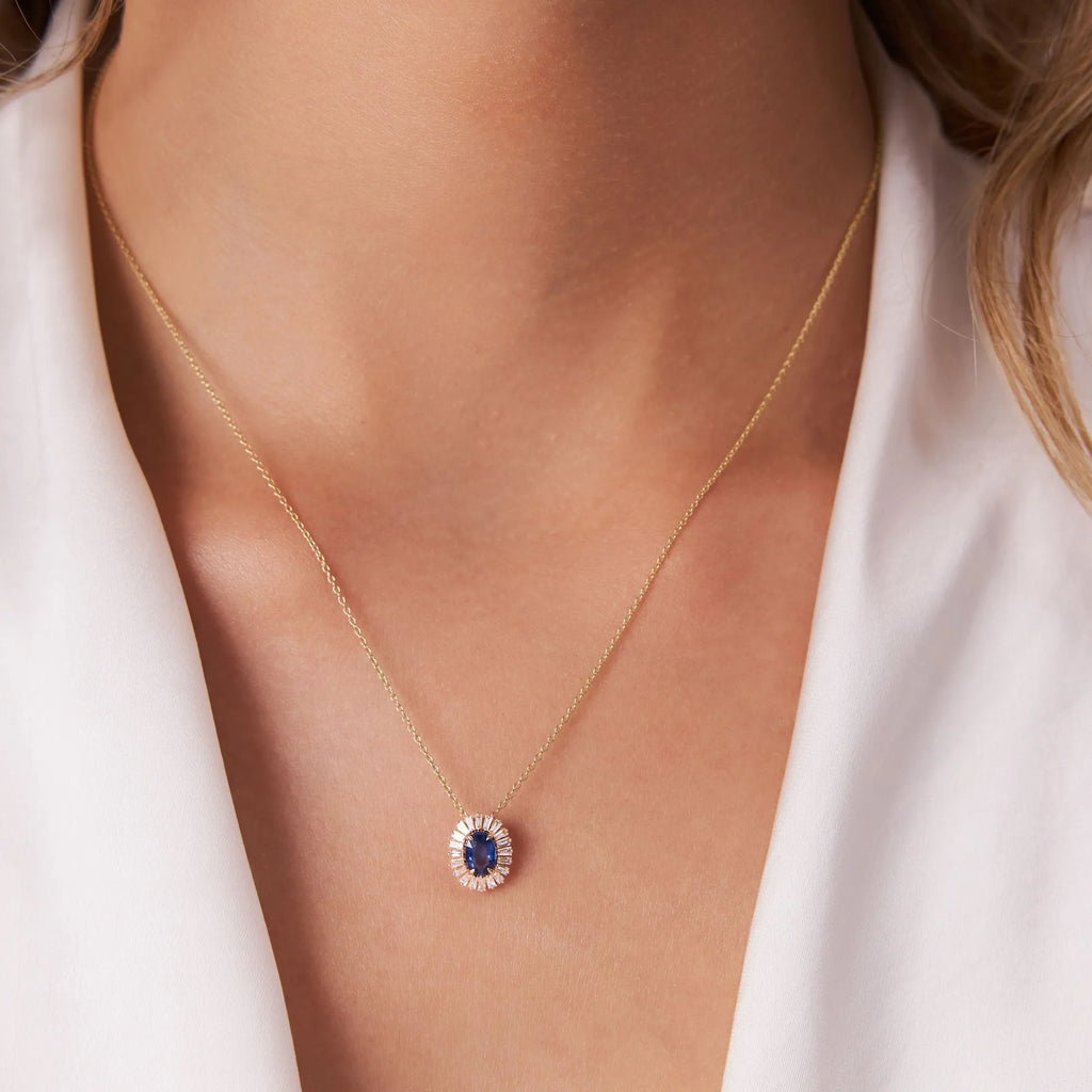 14k Solid Gold Sapphire and Diamond Oval Baguette Halo Necklace 0.70 Carat Prong Setting