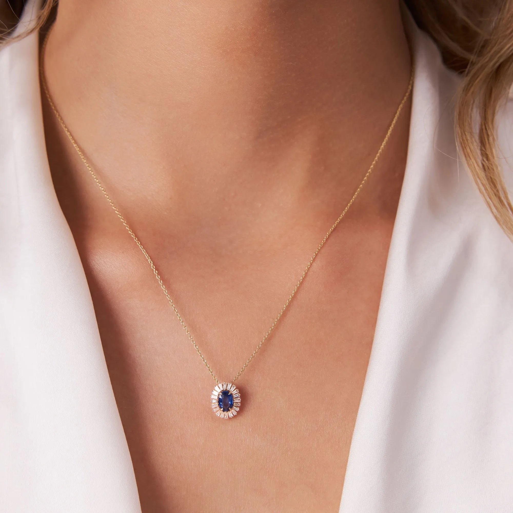 14k Solid Gold Sapphire and Diamond Oval Baguette Halo Necklace 0.70 Carat Prong Setting