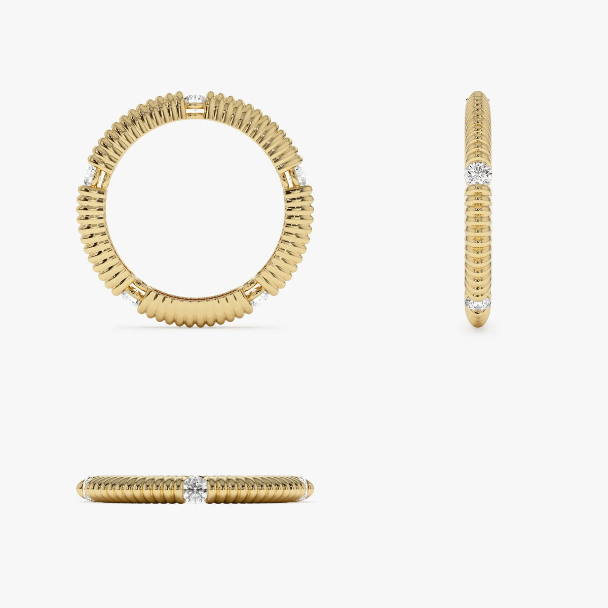 14k Solid Gold Round Diamond 0.30ctw Ribbed Wedding Ring