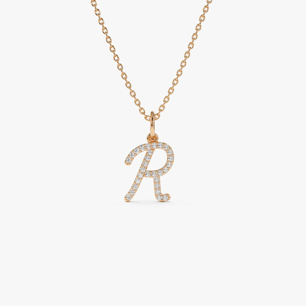 14K Solid Gold 0.15 CTW Round Diamond Script Initial Necklace