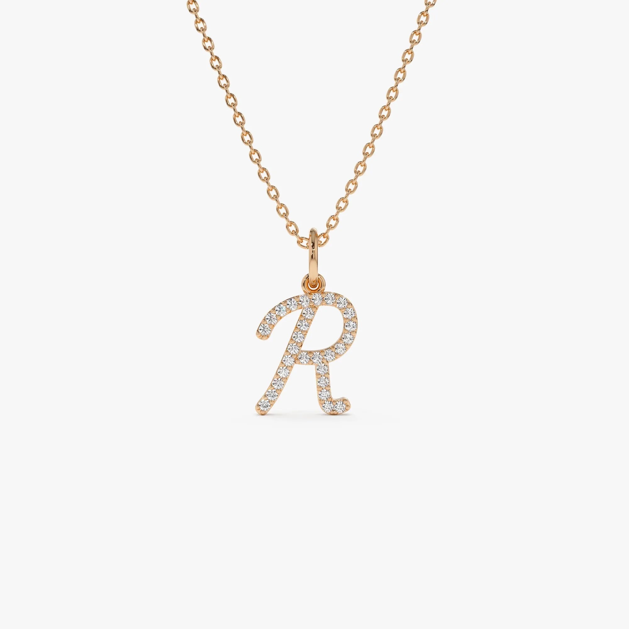 14K Solid Gold 0.15 CTW Round Diamond Script Initial Necklace