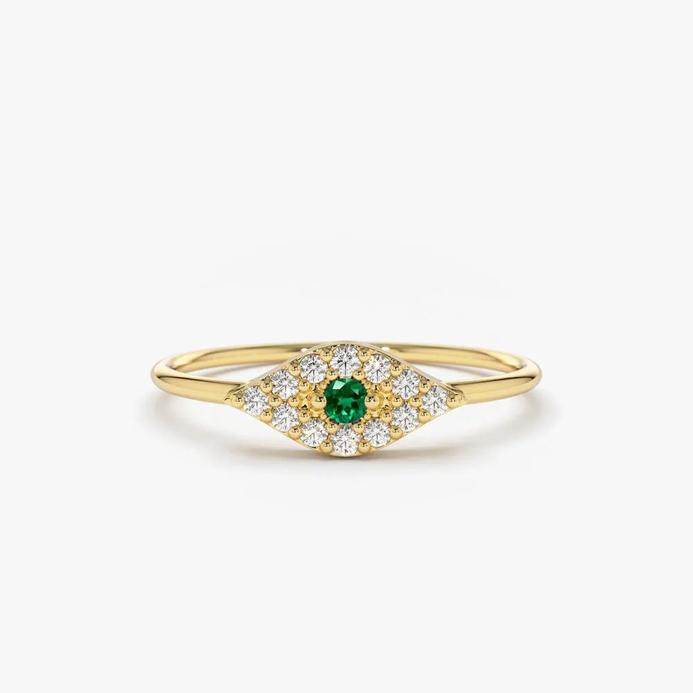 14K Solid Gold Round Emerald and Diamond Evil Eye Ring 0.17 CTW