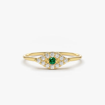 14K Solid Gold Round Emerald and Diamond Evil Eye Ring 0.17 CTW