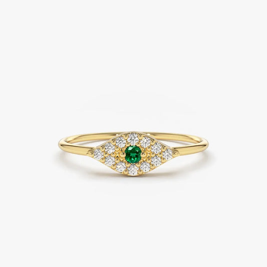 14K Solid Gold Round Emerald and Diamond Evil Eye Ring 0.17 CTW