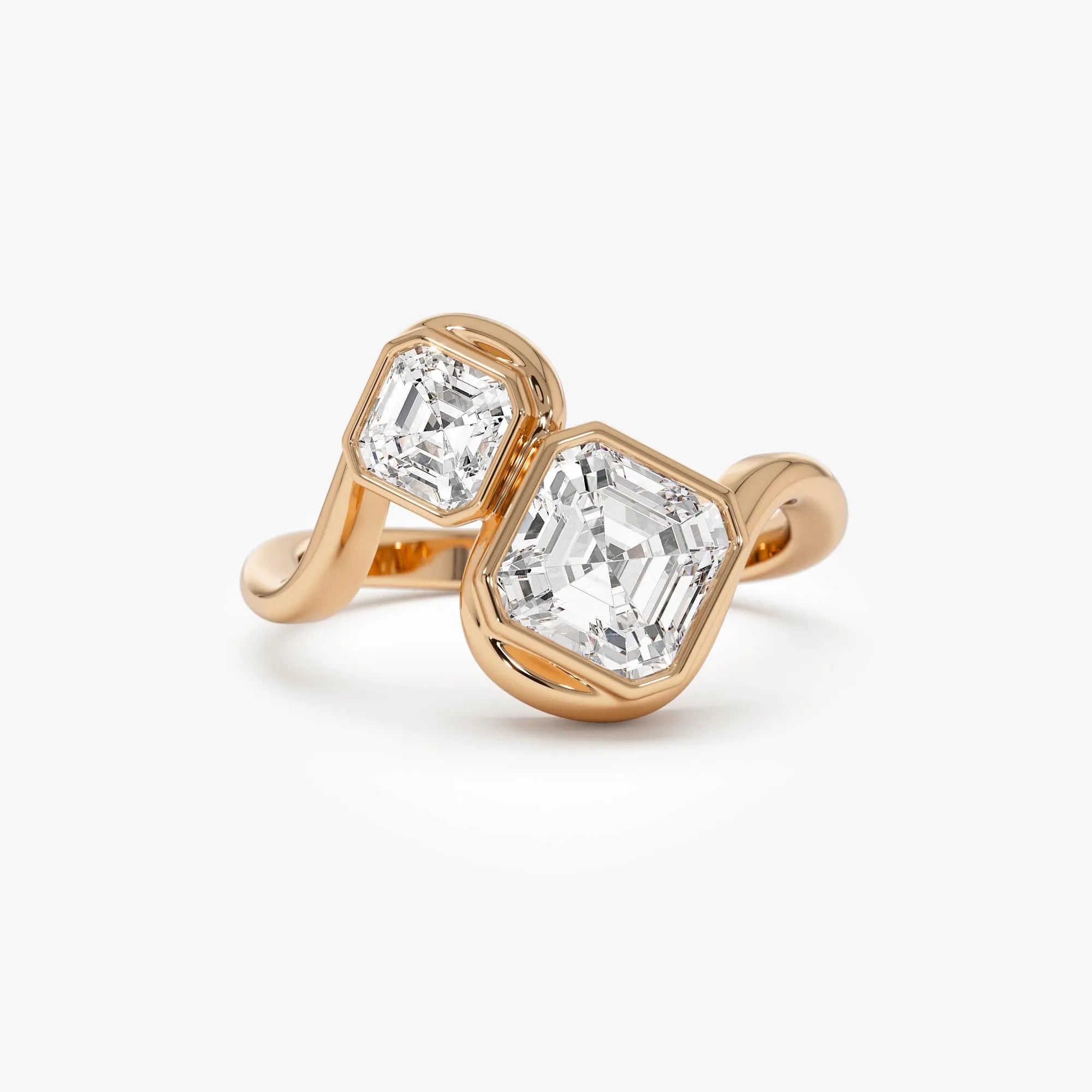 14k Gold 2.10 Ctw Lab Grown Diamond Asscher and Round Bezel Set Toi et Moi Ring