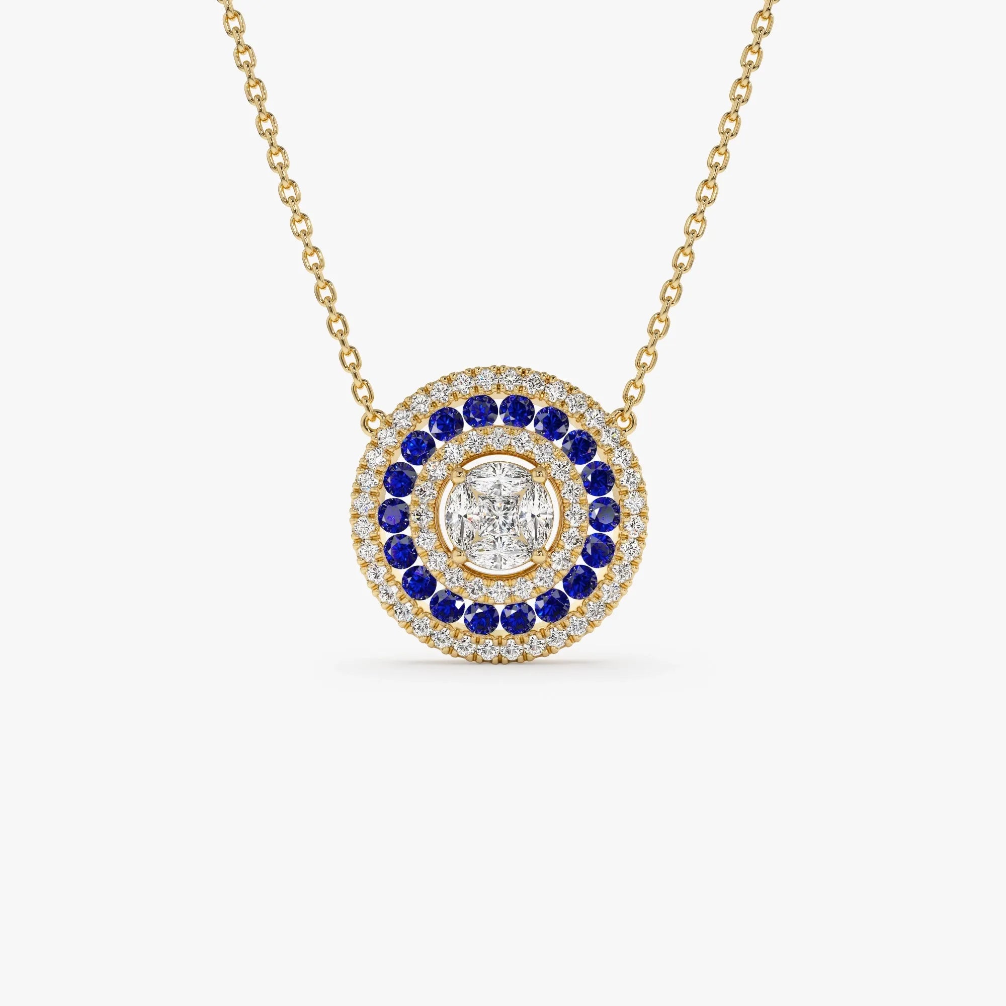 14k Solid Gold Sapphire and Diamond Round Princess Marquise Illusion Medallion Necklace 0.75 Carat