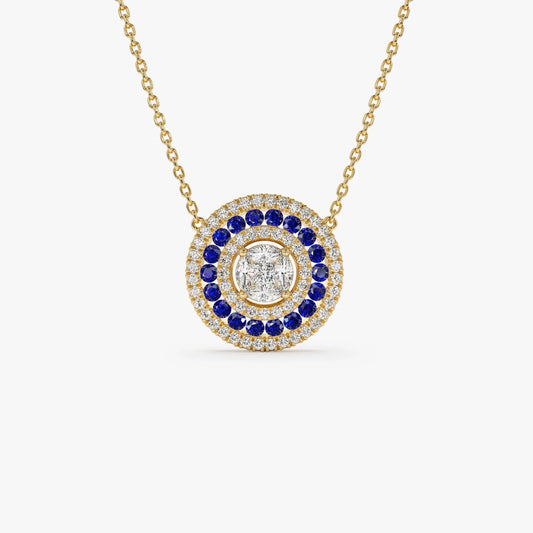 14k Solid Gold Sapphire and Diamond Round Princess Marquise Illusion Medallion Necklace 0.75 Carat