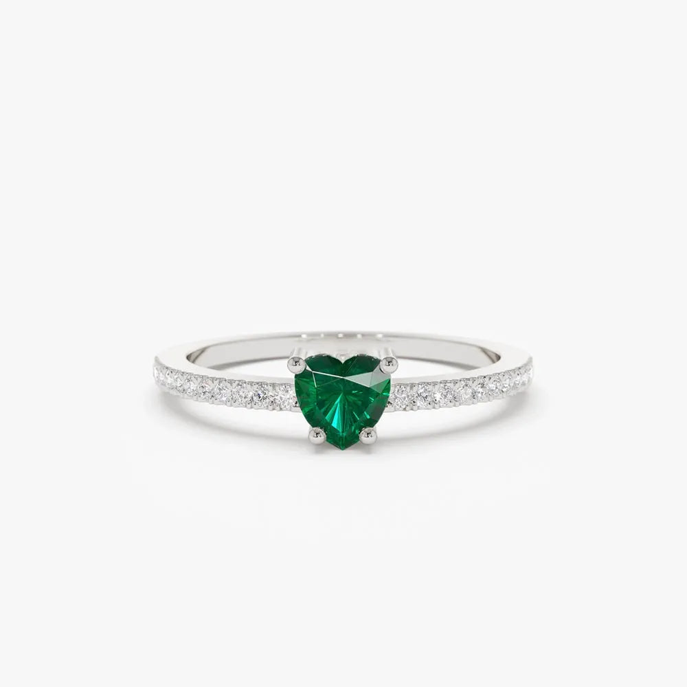 14K Solid Gold Heart Shaped Emerald and Round Diamond Ring 0.41 CTW Handcrafted Jewelry