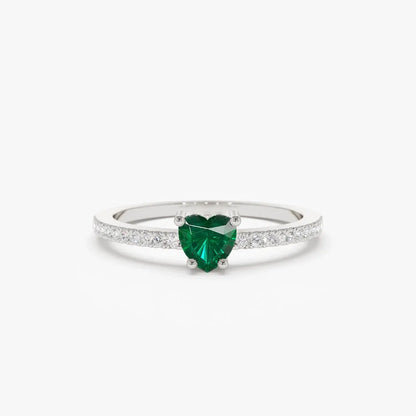 14K Solid Gold Heart Shaped Emerald and Round Diamond Ring 0.41 CTW Handcrafted Jewelry