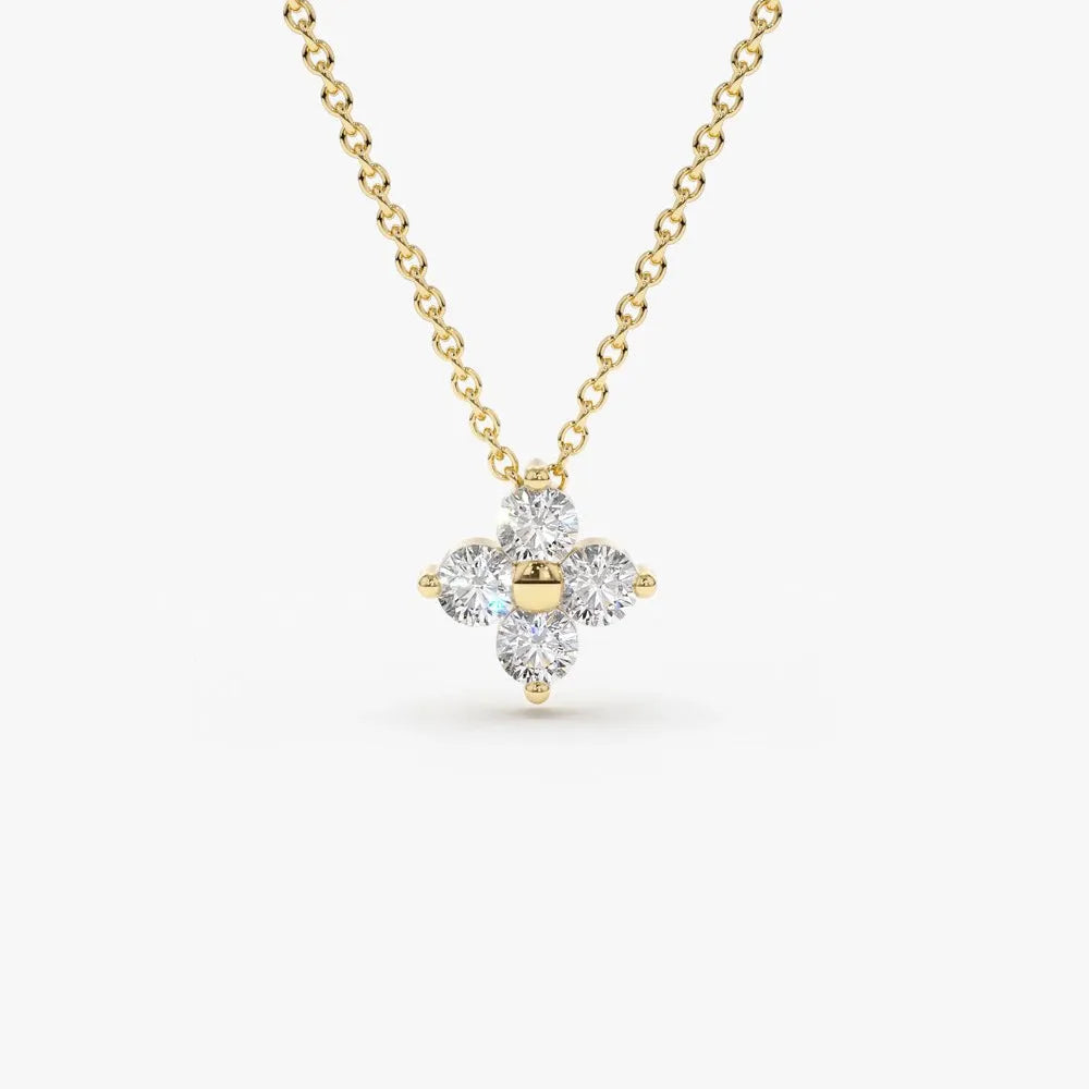 14K Solid Gold Round Diamond Clover Pendant Necklace 0.14ctw