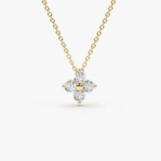 14K Solid Gold Round Diamond Clover Pendant Necklace 0.14ctw