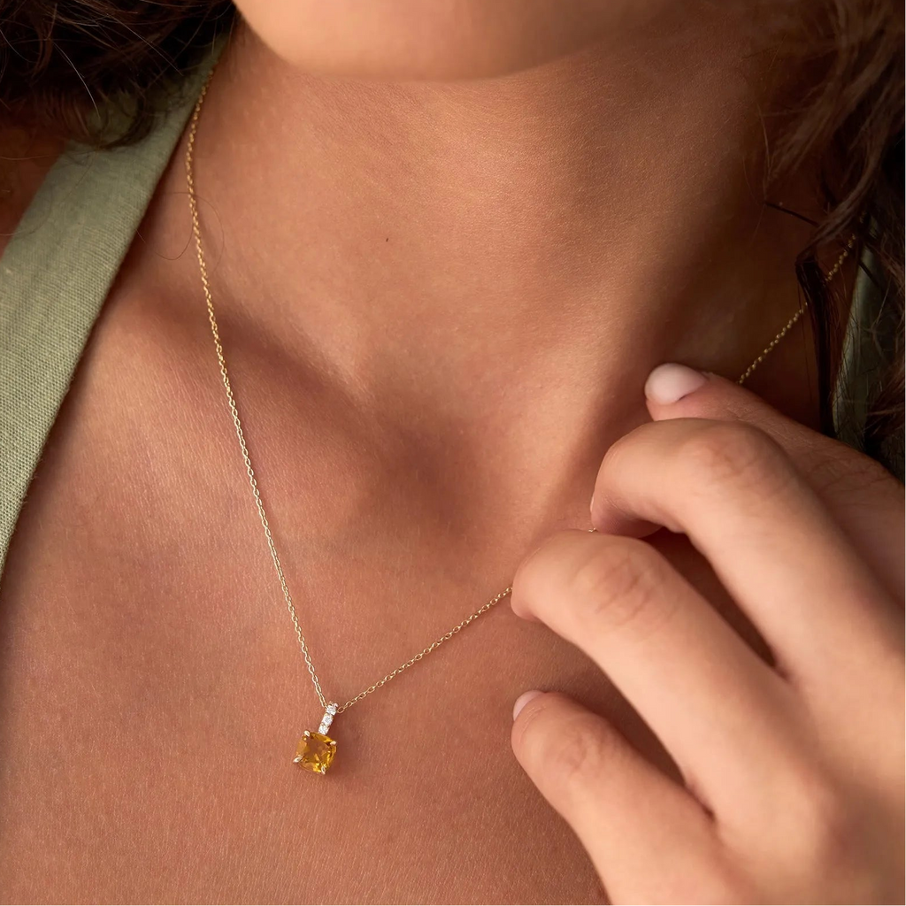 14k Solid Gold Citrine and Diamond Cushion Cut Pendant Necklace 1.02 Carat