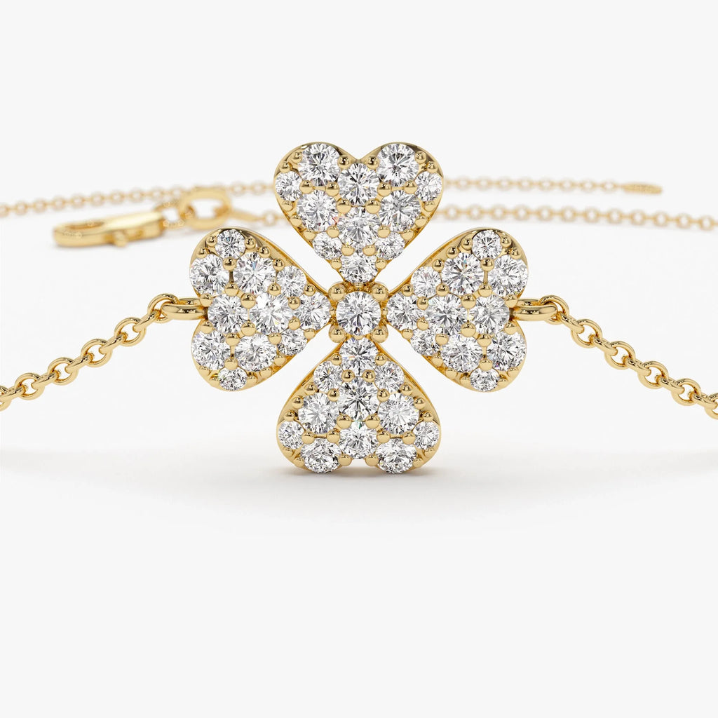 14K Solid Gold 0.25 CTW Round Diamond Clover Charm Bracelet