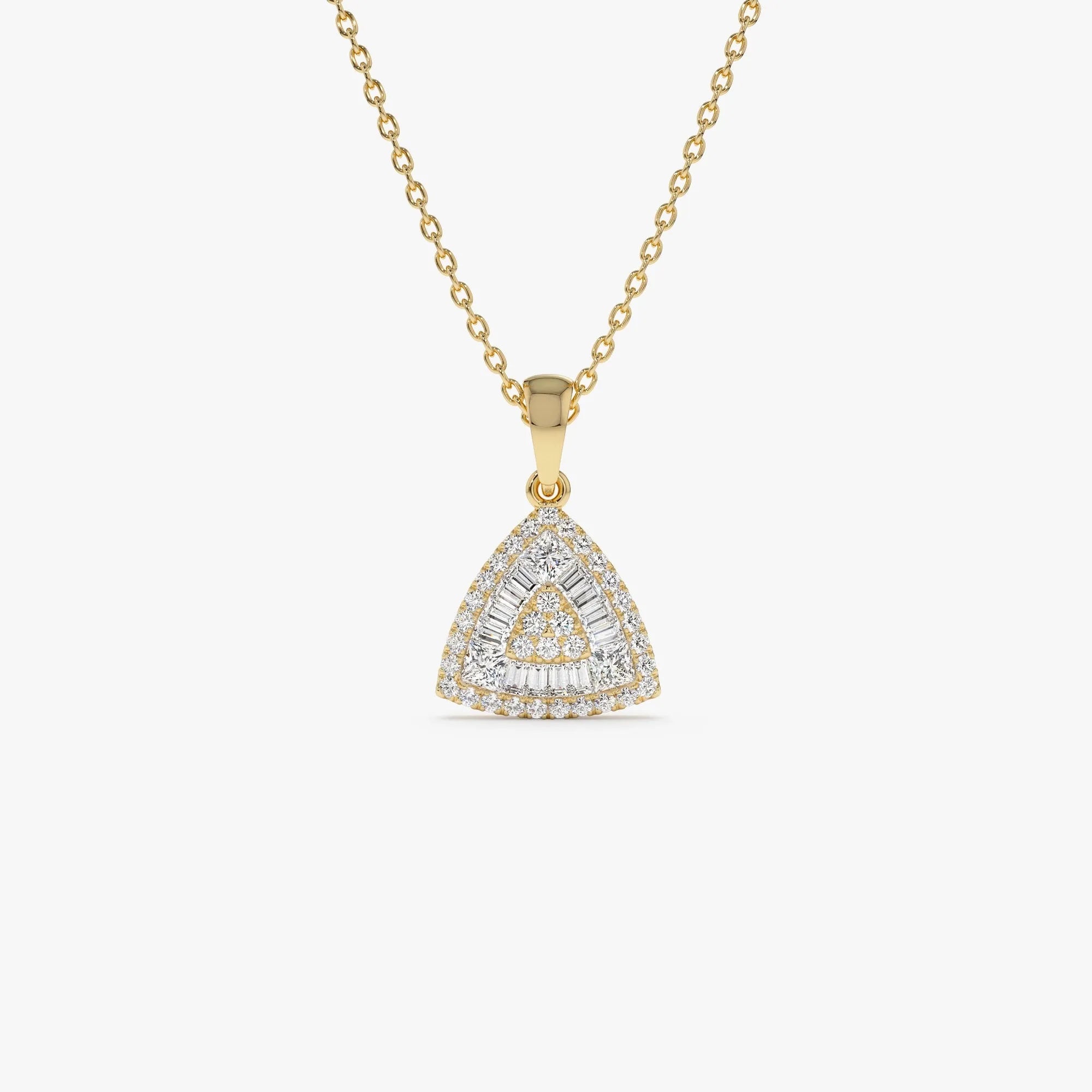 14K Solid Gold 0.42 CTW Round Baguette and Princess Cut Diamond Triangle Cluster Necklace