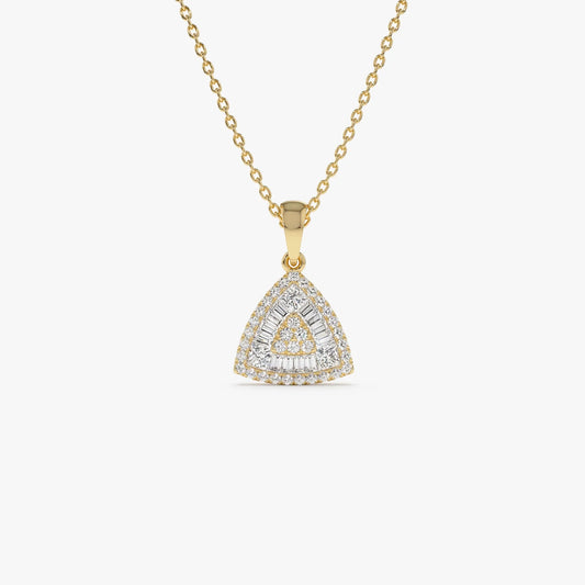 14K Solid Gold 0.42 CTW Round Baguette and Princess Cut Diamond Triangle Cluster Necklace
