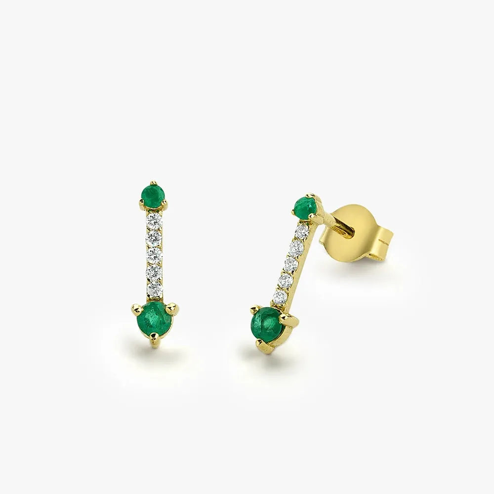 14K Gold Round Emerald and Diamond Micro Pave Prong Drop Earrings 0.24ctw