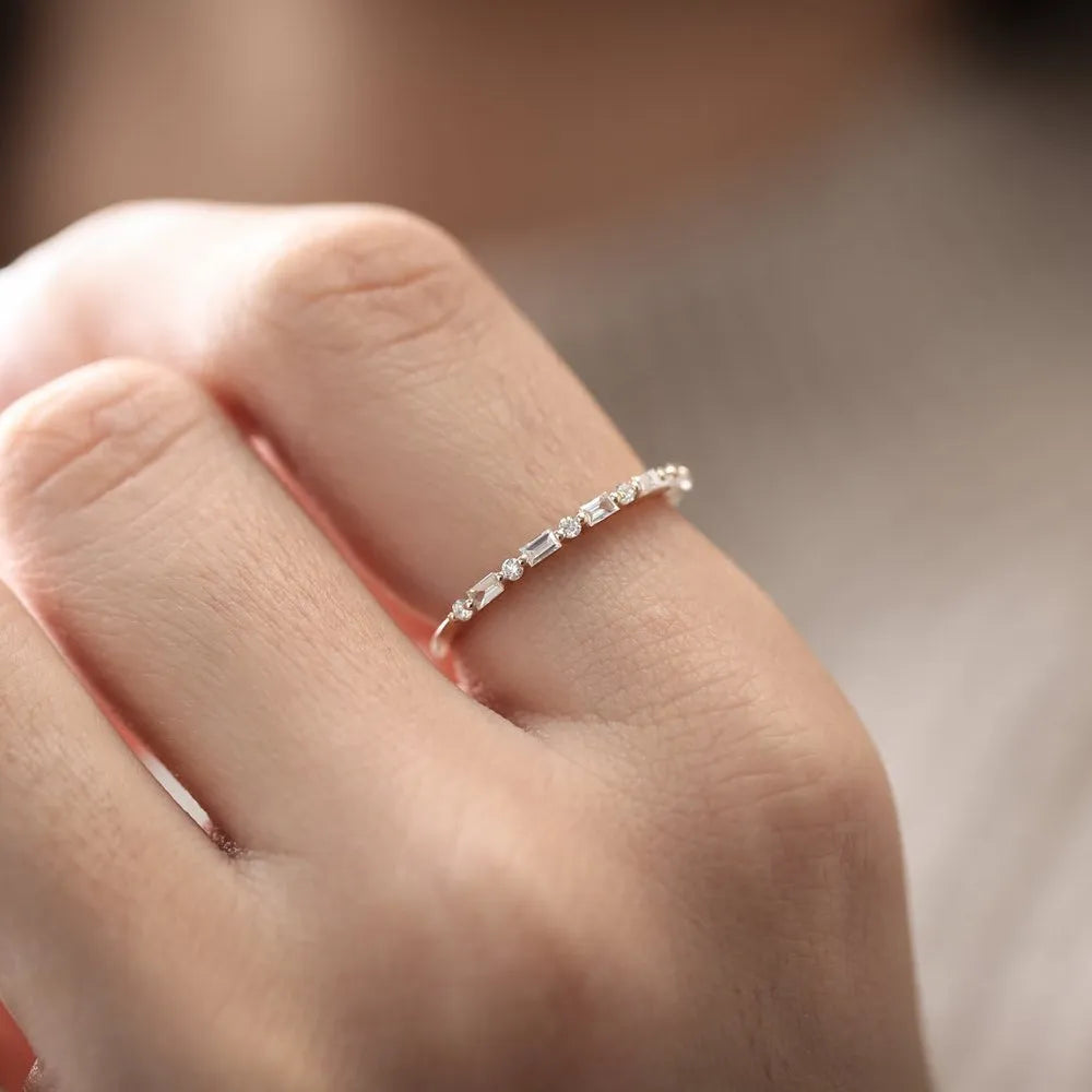 14K Solid Gold Baguette and Round Diamond Shared Prong Band Ring