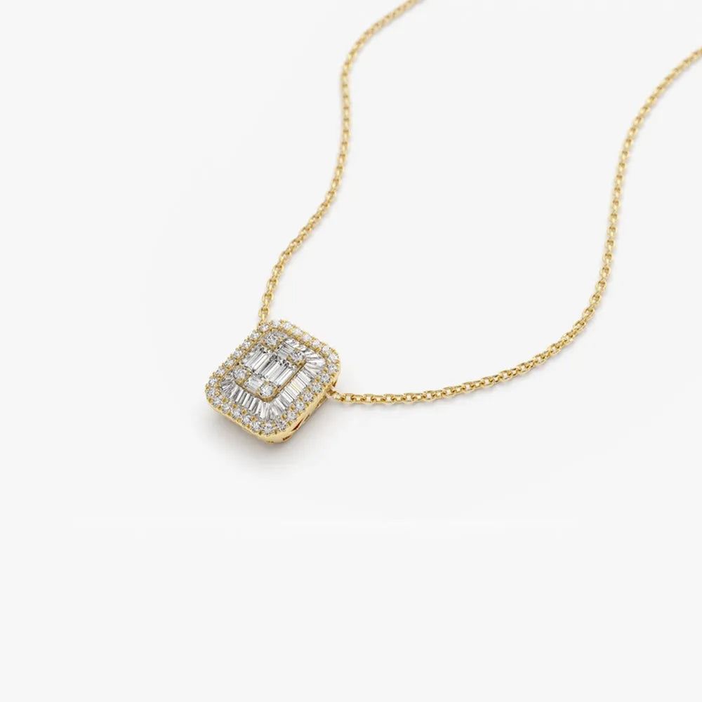 14K Solid Gold Baguette and Round Diamond Statement Necklace Prong and Channel Setting 0.47ctw