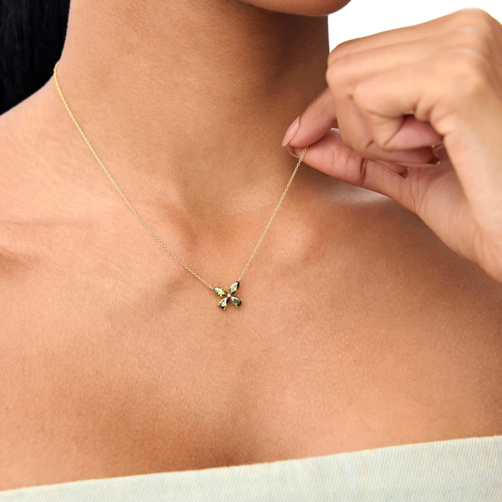 14k Solid Gold Peridot Pear and Marquise Butterfly Necklace 1.10 Carat