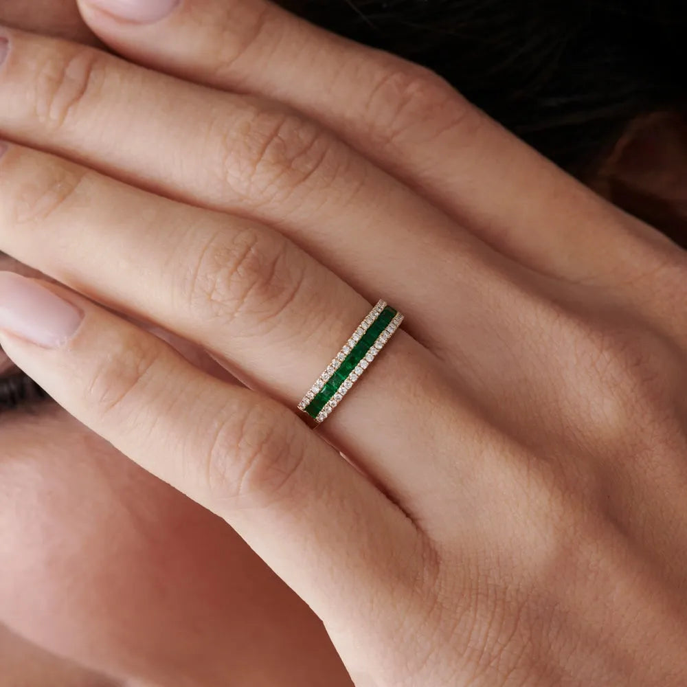 14K Gold Square Emerald and Round Diamond Half Eternity Band Ring 1.01 CTW