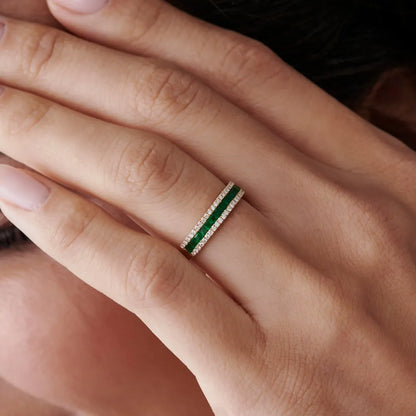 14K Gold Square Emerald and Round Diamond Half Eternity Band Ring 1.01 CTW